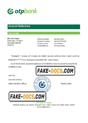 Croatia OTP bank account reference letter template in Word and PDF format