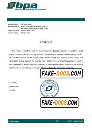 Cuba Banco Popular de Ahorro (BPA) bank account reference letter template in Word and PDF format