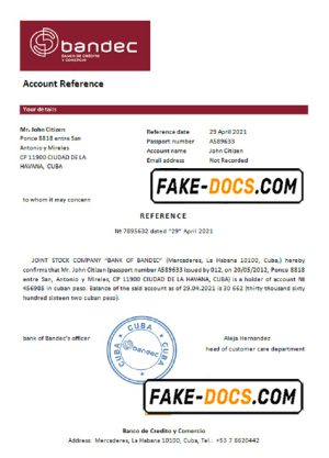 Cuba Bandec Banco de Credito y Comercio bank account reference letter template in Word and PDF format