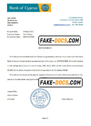 Cyprus Bank of Cyprus bank account reference letter template in Word and PDF format