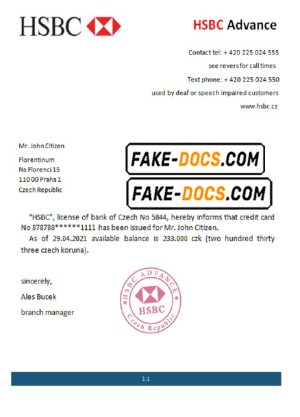 Czech HSBC bank account reference letter template in Word and PDF format