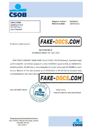 Czech Republic Československá Obchodní Banka account reference letter template in Word and PDF format