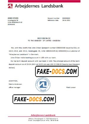 Denmark Arbejdernes Landsbank bank account reference letter template in Word and PDF format