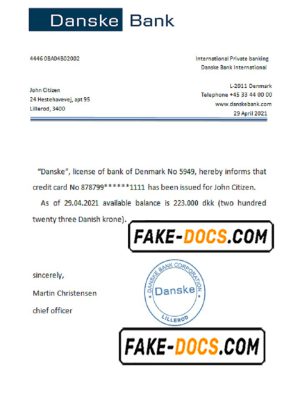 Denmark Danskebank bank account reference letter template in Word and PDF format