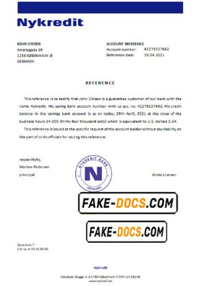Denmark Nykredit bank account reference letter template in Word and PDF format
