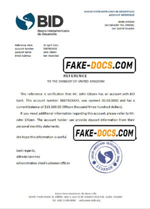Ecuador Banco Interamericano de Desarrollo (BID) bank account reference letter template in Word and PDF format