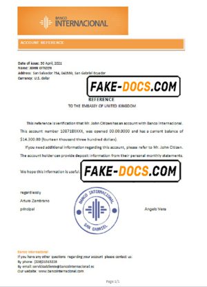 Ecuador Banco Internacional bank account reference letter template in Word and PDF format