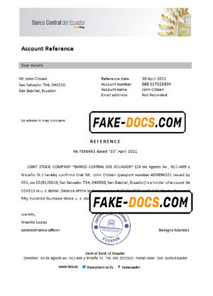 Ecuador Central Bank of Ecuador bank account reference letter template in Word and PDF format