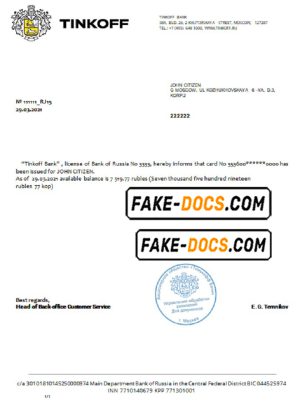 Russia Tinkoff bank reference (RUR) letter template in Word and PDF format (in English)