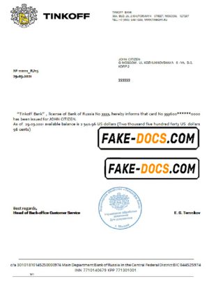 Russia Tinkoff bank reference (USD) letter template in Word and PDF format (in English)