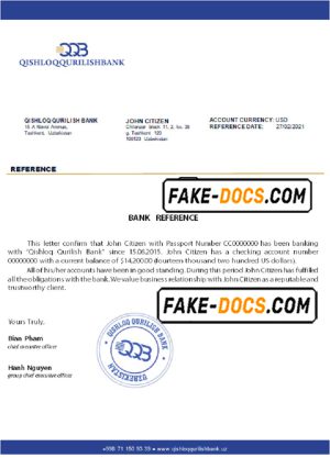 Uzbekistan Qishloq Qurilish Bank account reference letter template in Word and PDF format