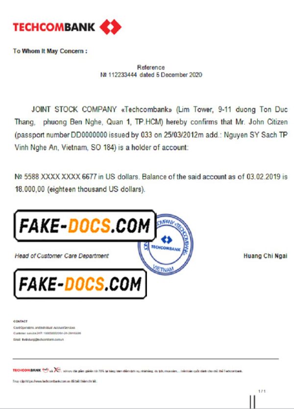 Vietnam Techcombank bank reference letter template in Word and PDF format