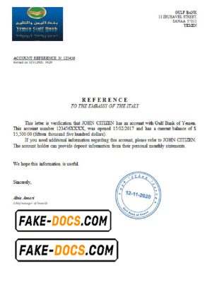 Yemen Gulf bank account reference letter template in Word and PDF format