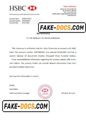 France HSBC bank account reference letter template in Word and PDF format