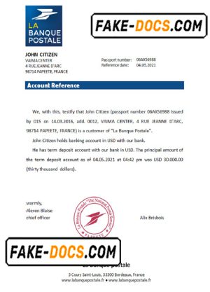 France La Banque Postale bank account reference letter template in Word and PDF format