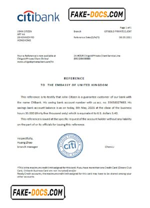Hong Kong Citibank reference letter template in Word and PDF format