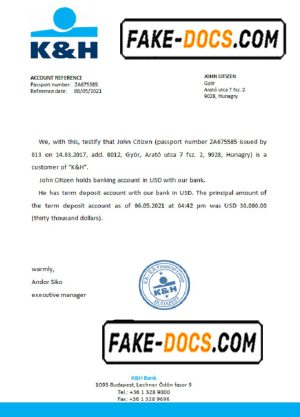 Hungary K&H bank reference letter template in Word and PDF format
