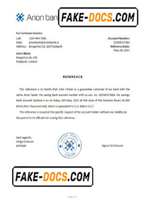 Iceland Arion bank reference letter template in Word and PDF format