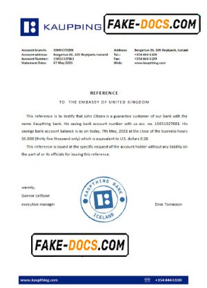 Iceland Kaupthing bank reference letter template in Word and PDF format