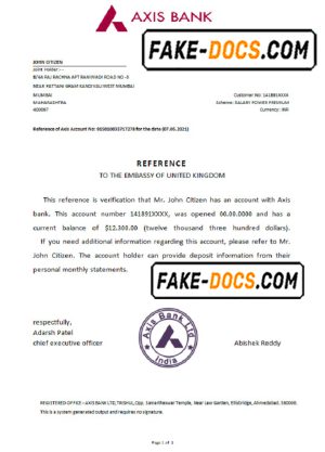 India Axis bank reference letter template in Word and PDF format