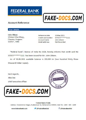 India Federal bank reference letter template in Word and PDF format