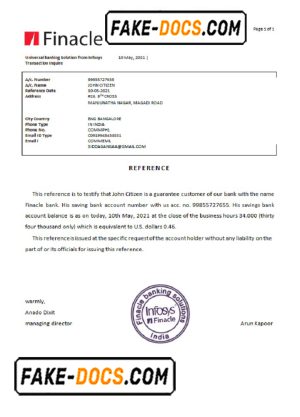 India Finacle bank reference letter template in Word and PDF format