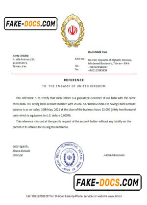 Iran Melli bank reference letter template in Word and PDF format