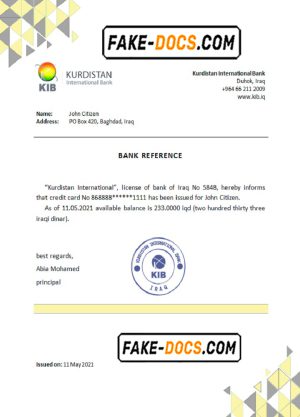Iraq Kurdistan International bank reference letter template in Word and PDF format