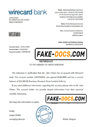Germany Wirecard bank account reference letter template in Word and PDF format