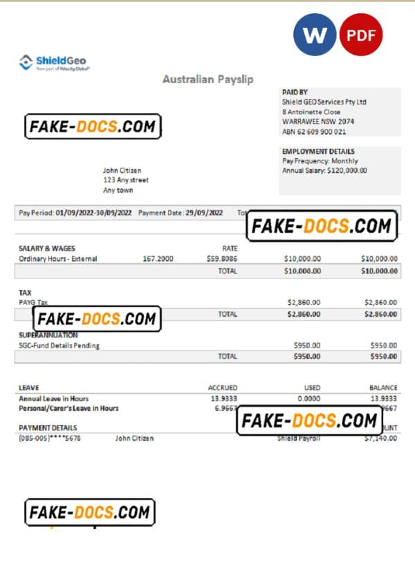 Australia Shield Geo consulting company pay stub Word and PDF template