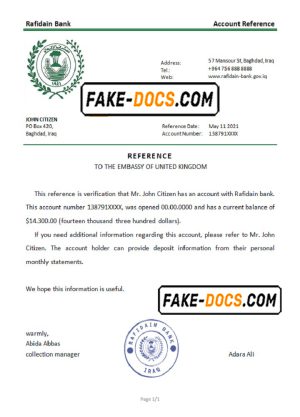 Iraq Rafidain bank account reference letter template in Word and PDF format