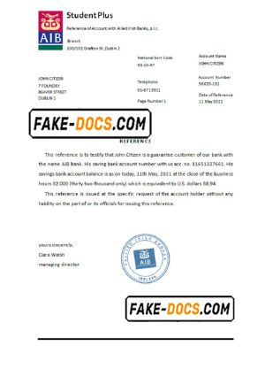 Ireland AIB bank account reference letter template in Word and PDF format