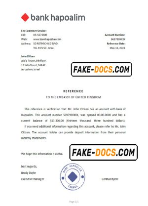 Israel Hapoalim bank account reference letter template in Word and PDF format