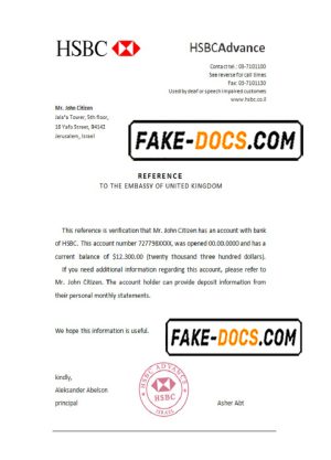 Israel HSBC bank account reference letter template in Word and PDF format