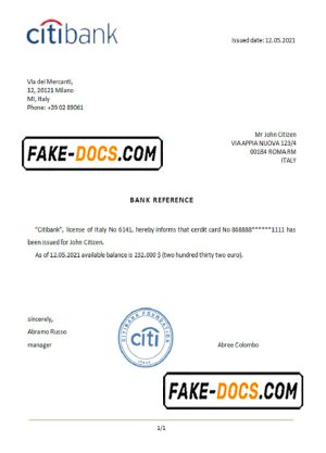 Italy Citibank bank account reference letter template in Word and PDF format