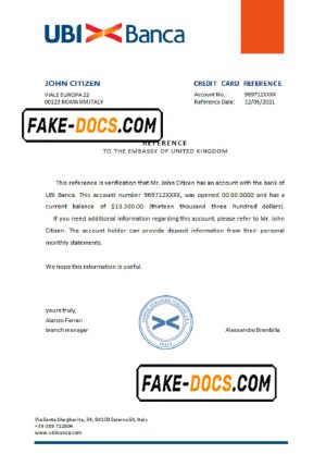 Italy UBI bank account reference letter template in Word and PDF format