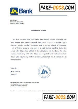 Jamaica National bank account reference letter template in Word and PDF format