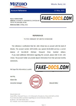 Japan Mizuho bank account reference letter template in Word and PDF format