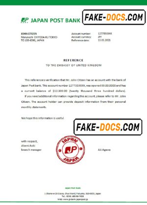 Japan Post bank account reference letter template in Word and PDF format