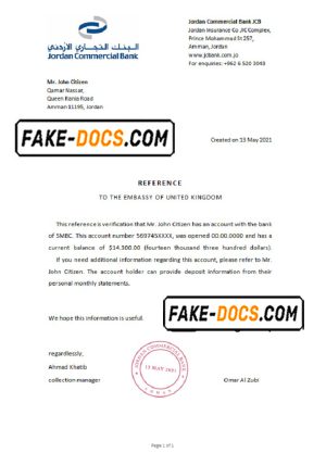 Jordan Commercial bank account reference letter template in Word and PDF format