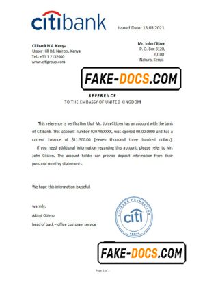 Kenya Citibank account reference letter template in Word and PDF format