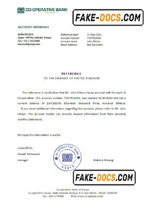 Kenya Co-operative bank account reference letter template in Word and PDF format