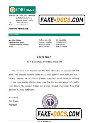 India IDBI bank reference letter template in Word and PDF format
