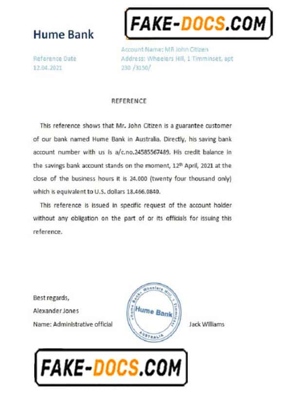 Australia Hume bank reference letter template in Word and PDF format