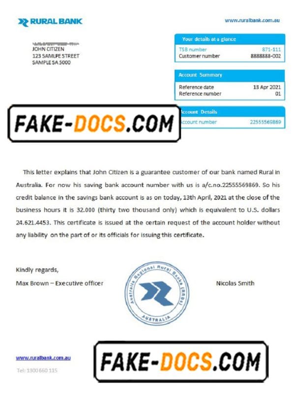 Australia Rural bank reference letter template in Word and PDF format