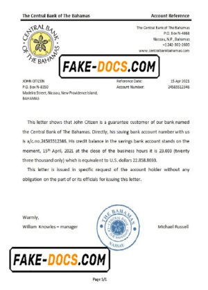 The Bahamas The Central Bank of The Bahamas bank reference letter template in Word and PDF format