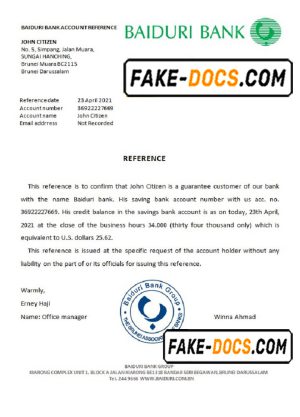 Brunei Baiduri bank account reference letter template in Word and PDF format