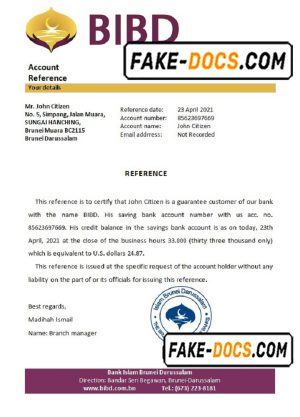 Brunei Islam Darussalam bank account reference letter template in Word and PDF format