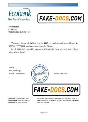 Burkina Faso Ecobank bank reference letter template in Word and PDF format