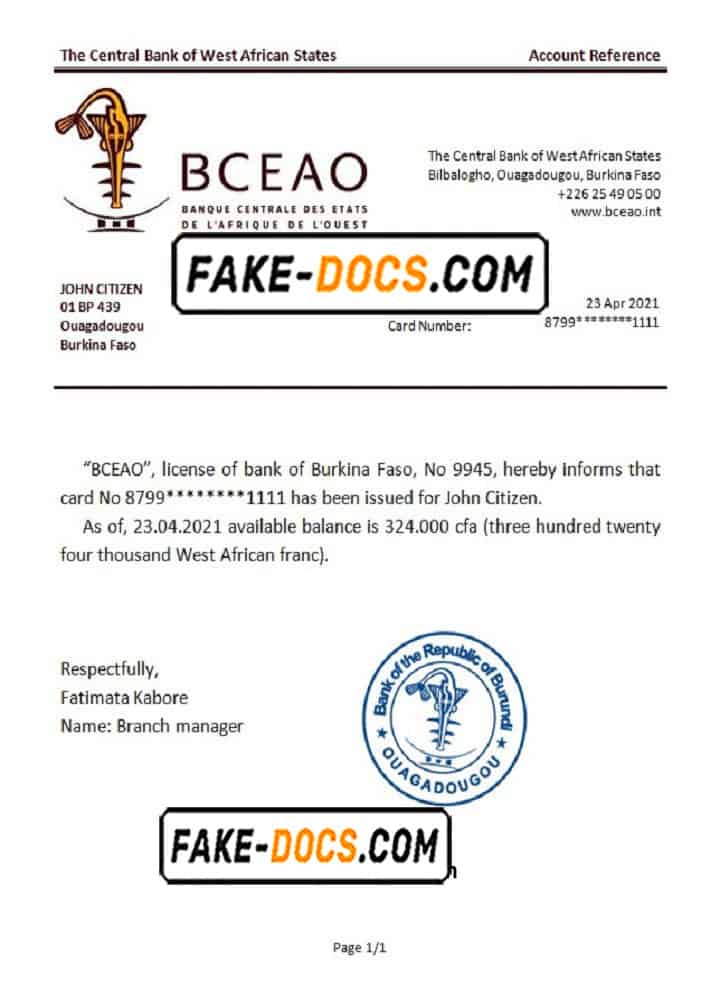 Burkina Faso The Central Bank of West African States bank reference letter template in Word and PDF format Burkina Faso The Central Bank of West African States bank reference letter template in Word and PDF format